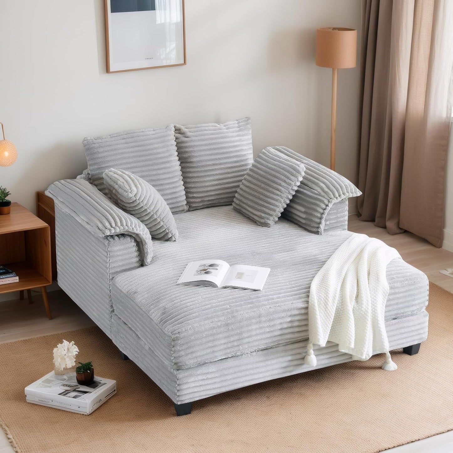 LEADZM Lounge Sofa, 56" Oversized Reading Sofa Corduroy Chaise Sofa Recliner Bed Upholstered Comfy Sleeper Couch with Throw Pillows And Armrests for Living Room, Movie Room, Bedroom