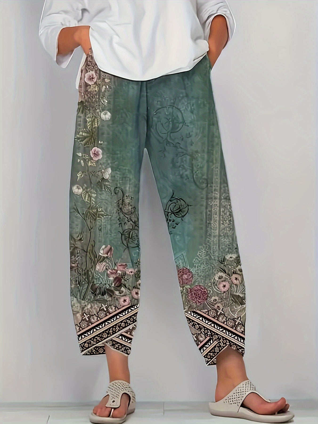 Women'S Retro Floral Capri Pants with Elastic Waistband & Pockets - Loose Fit Fabric, Beige with Black Floral Design, Perfect for Spring/Summer/Fall, Casual Wear Pants | Relaxed Fit Pants | Construction, Ladies Pants
