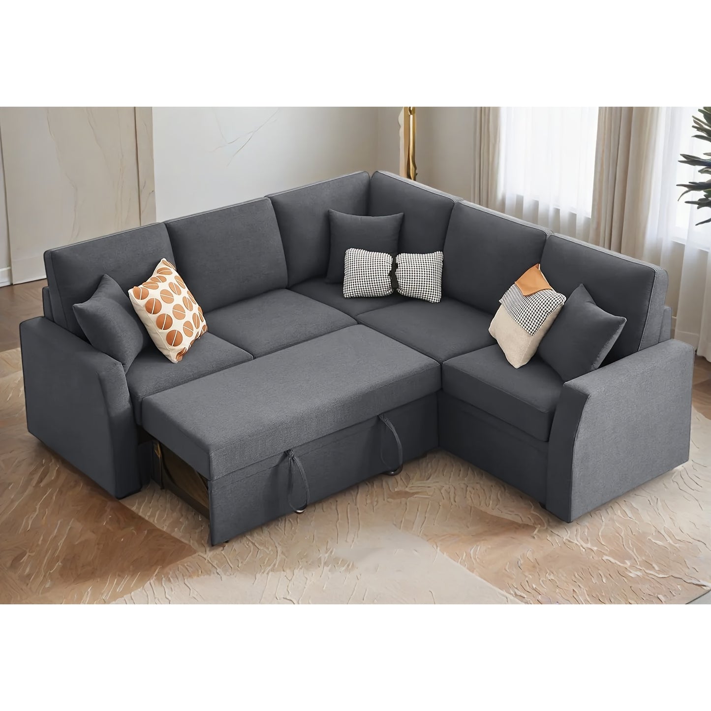 L-Shaped Sleeper Sofa, 85-Inch Beige Linen Fabric Sofa Bed With Pull-Out Bed And Storage Seat For Apartment Living Room, Corner Sectional Couch
