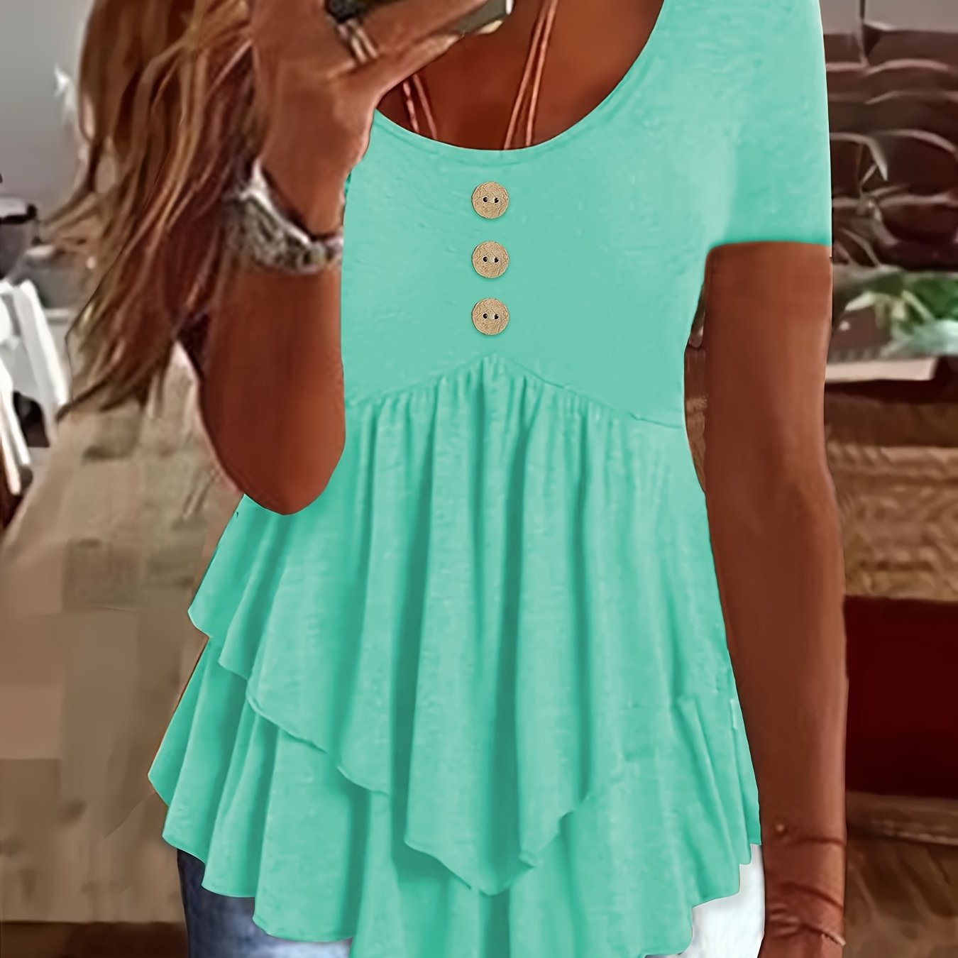 Women's Mint Green Crew Neck T-Shirt - Non-Stretch Casual Blouse with Front Button Closure, Tiered flare hem for Everyday & Formal Outfits - Machine Washable Summer Top, Ladies T-shirts, Nonstretch Fabric, Spring Fashion, Lig