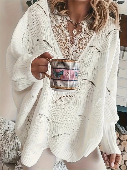 Women'S Casual Acrylic Knit Pullover Sweater with Contrast Lace Detail - V-Neck, Solid Color, Perfect for Spring/Summer/Fall