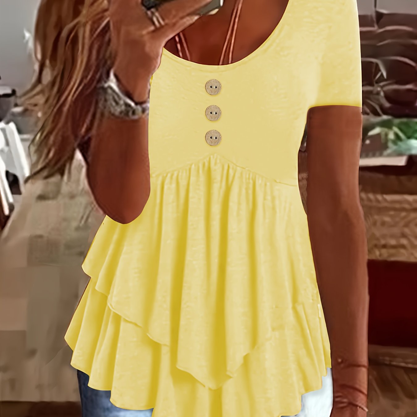Women's Mint Green Crew Neck T-Shirt - Non-Stretch Casual Blouse with Front Button Closure, Tiered flare hem for Everyday & Formal Outfits - Machine Washable Summer Top, Ladies T-shirts, Nonstretch Fabric, Spring Fashion, Lig