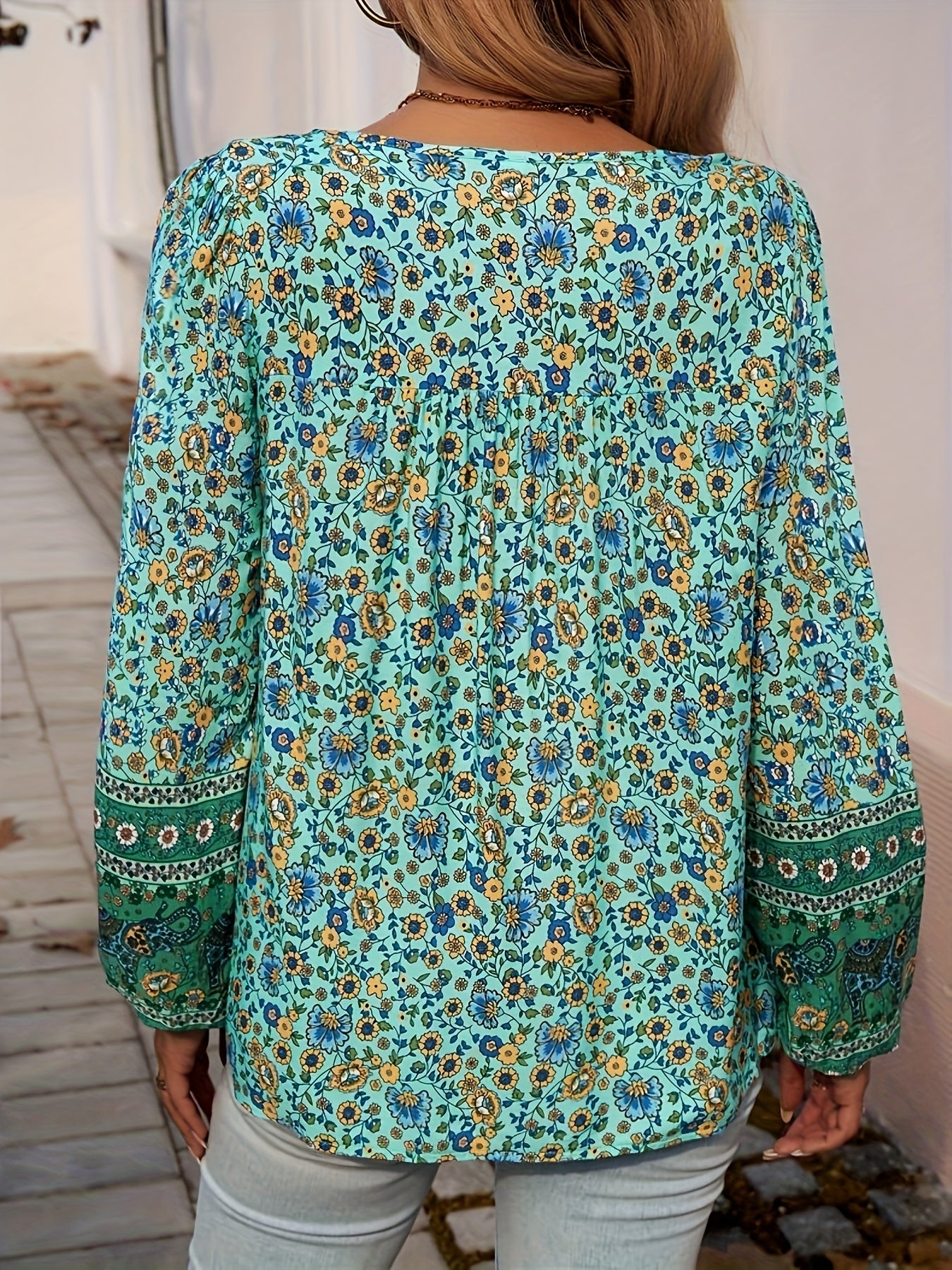 ZAFUL Boho Floral Print Blouse - Women'S Loose Fit V-Neck Long Sleeve Top - Casual Beach Shirt For Summer & Vacation Wear