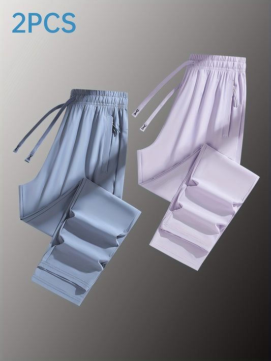 Two Pairs Of Summer Women's Long Pants, Solid-color Pants for Women, Elastic Drawstrings At The Waist, Hidden Zipper Pockets, Straight-leg Pants with Nylon And Spandex Medium-elastic Fabric, Ice Silky Quick-drying Pants, Wome