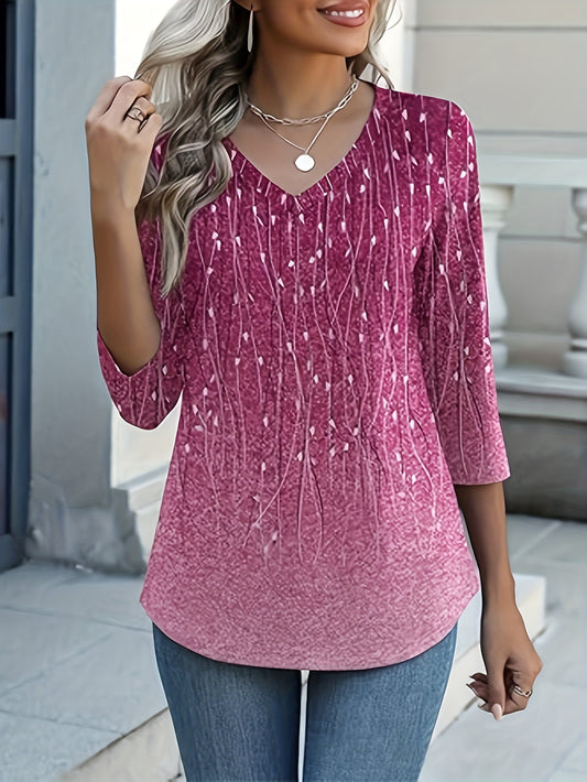 [Casual V-Neck Blouse] Lightweight Polyester Women's Casual V-Neck Blouse | 3/4 Sleeves, Gradient Pink to Purple, Ruffled Hem, Button-Up Front, Perfect for Spring & Fall