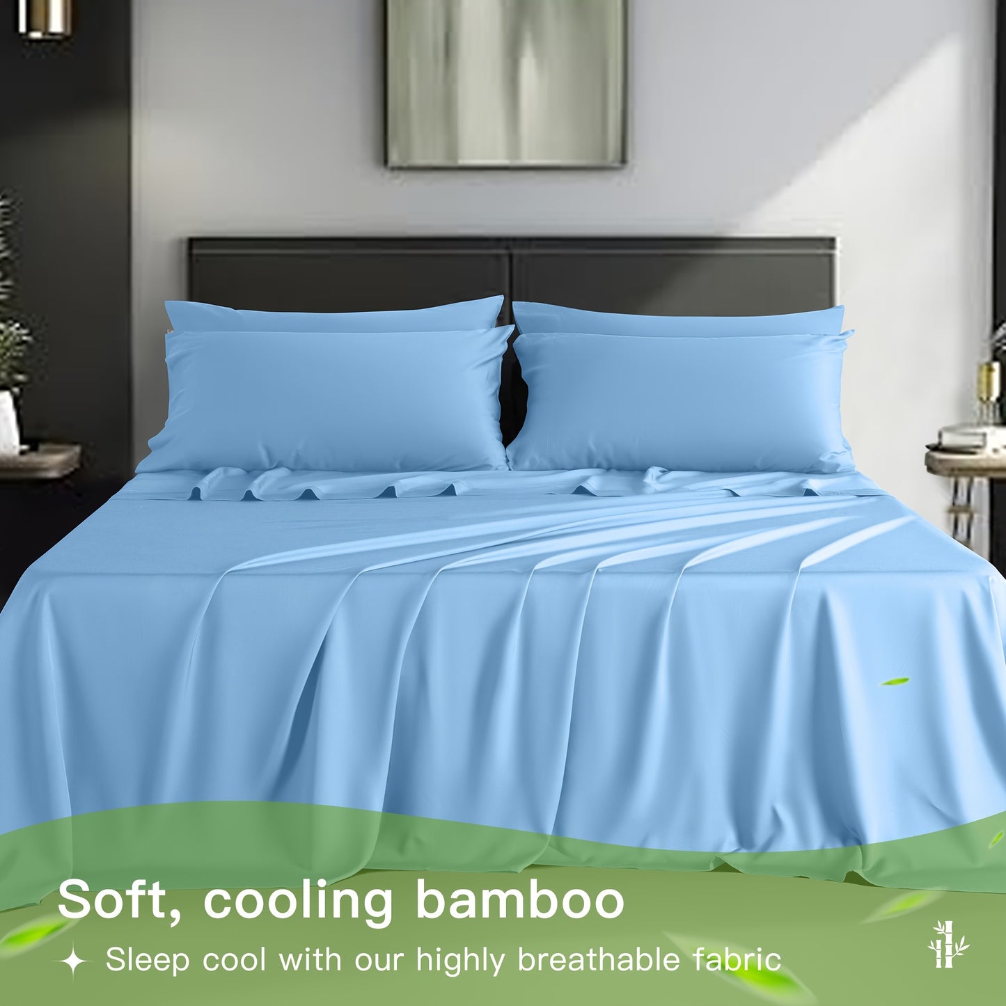 LBRO2M 4/6pcs Bamboo Bed Sheets Set, Luxury Silky Breathable Sheet Set, Ultra Soft Sheet for Hot Sleepers, 16" Deep Pocket, California King/King/Queen/Full