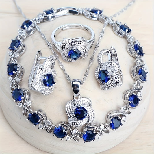 [Elegant Jewelry Set] Elegant Blue Stone Cubic Zirconia Jewelry Set | Classic Vintage Necklace, Bracelet, Earrings & Open Ring For Women - Ideal For Daily Wear, Gifting, Wedding Accessory, Valentine's Day & Christmas Gifts