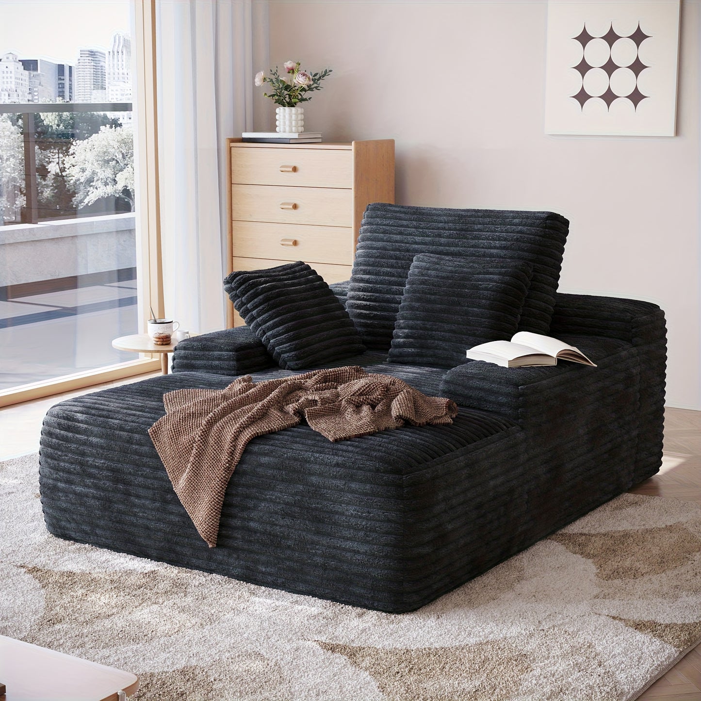 67" Oversized Chaise Lounge Chair Sofa Bed with Corduroy Upholstery - No Assembly Required, Plush Cloud Sleeper with Throw Pillows, Deep Seat & Wide Armrests, High-Density Foam Base, 1000lb Weight Capacity, Modern Luxury Slee