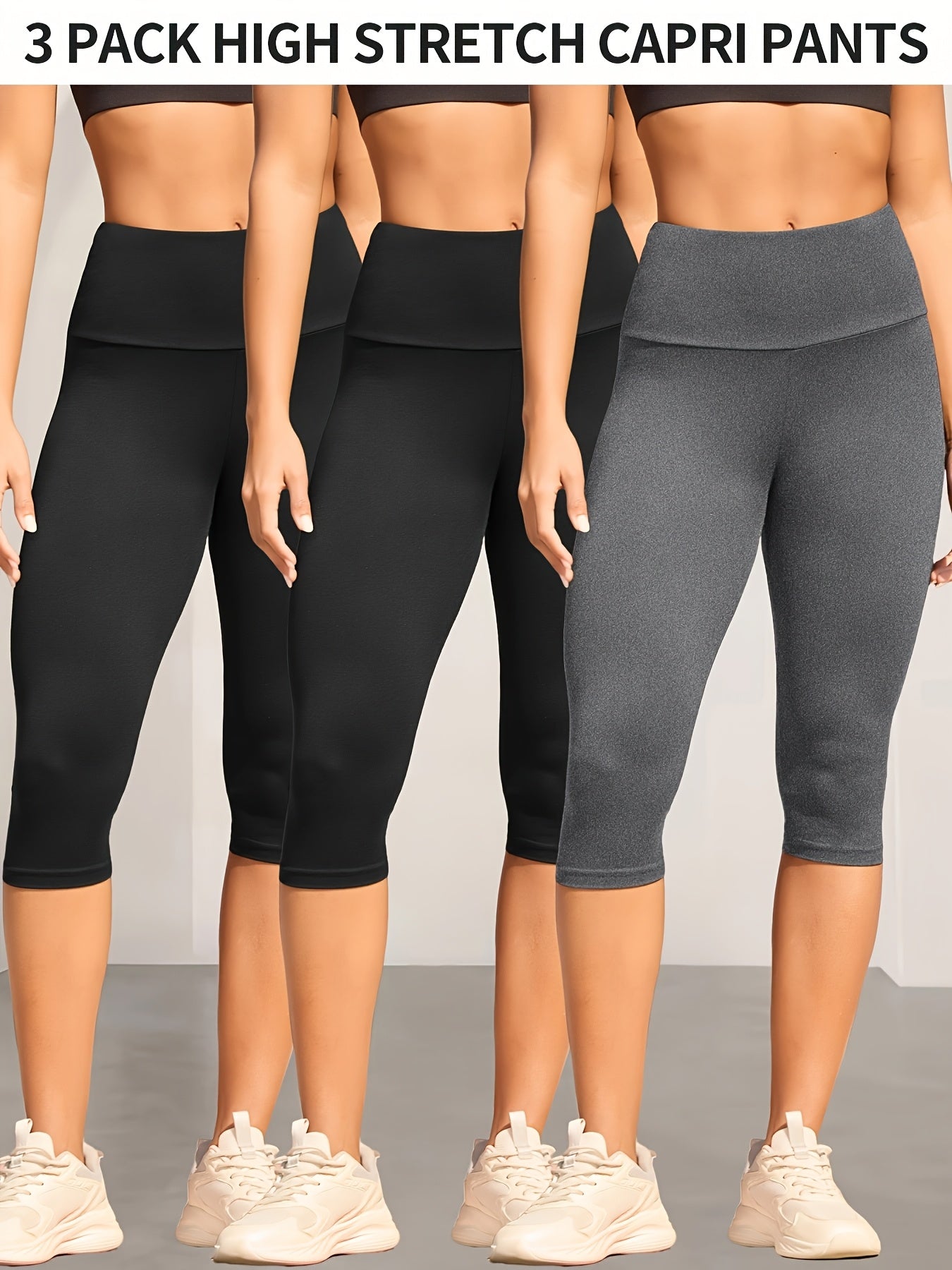 3-Pack Women's High Waisted Tummy Control Yoga Capri Pants - Super Soft Non-See Through Workout Leggings, High-Elasticity Machine Washable Solid Color for Running, Gym & Casual Wear (Spring/Summer/Fall)