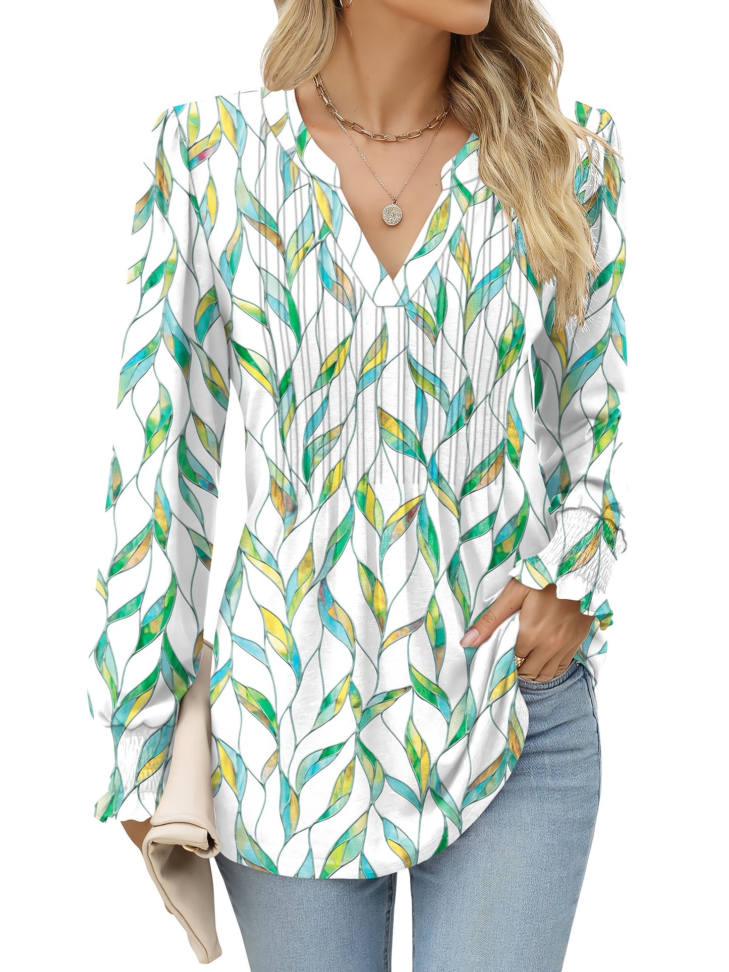 Women's Casual Floral Print Long Sleeve Top Pleated Waist Fashion Versatile Loose Pleated T-Shirt