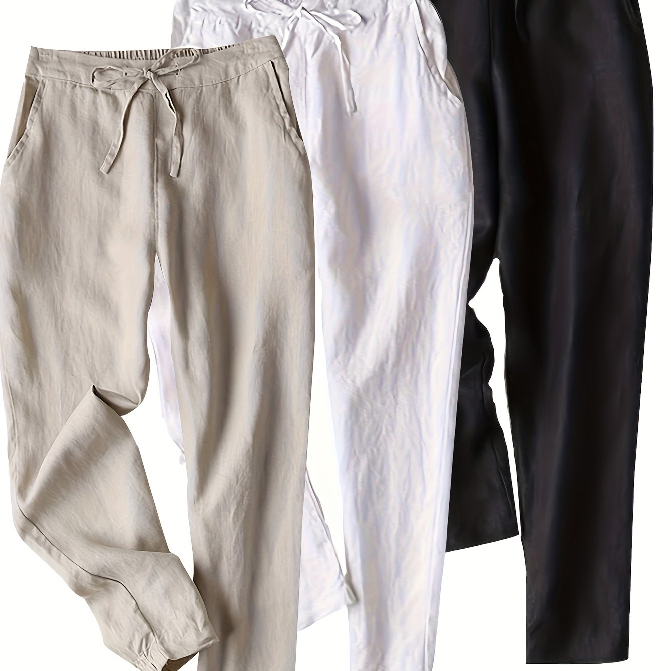 3pcs Linen Pants Women'S Summer Casual High Waist Drawstring White Beach Pants