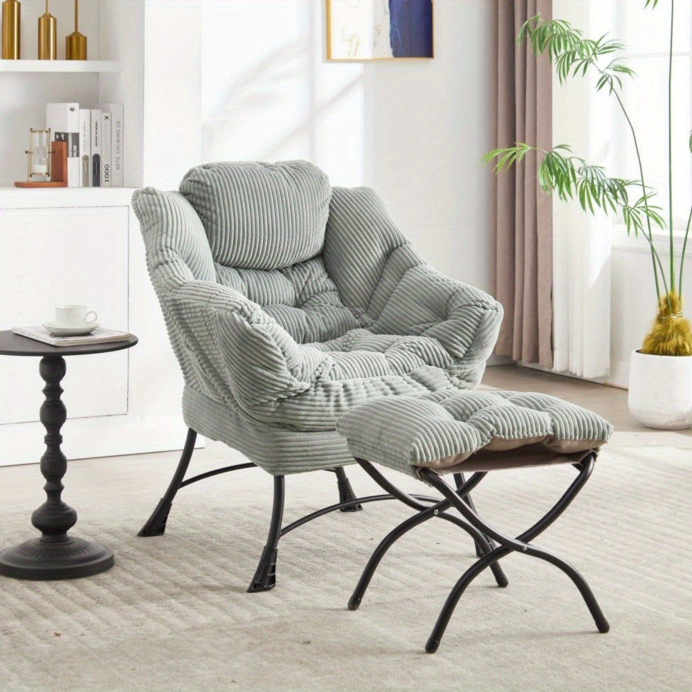 Modern Lazy Chair with Ottoman, Upholstered Lounge Accent Chair with Armrests and Side Pocket, Leisure Sofa Reading Chair with Footrest for Small Space, Corner Chair